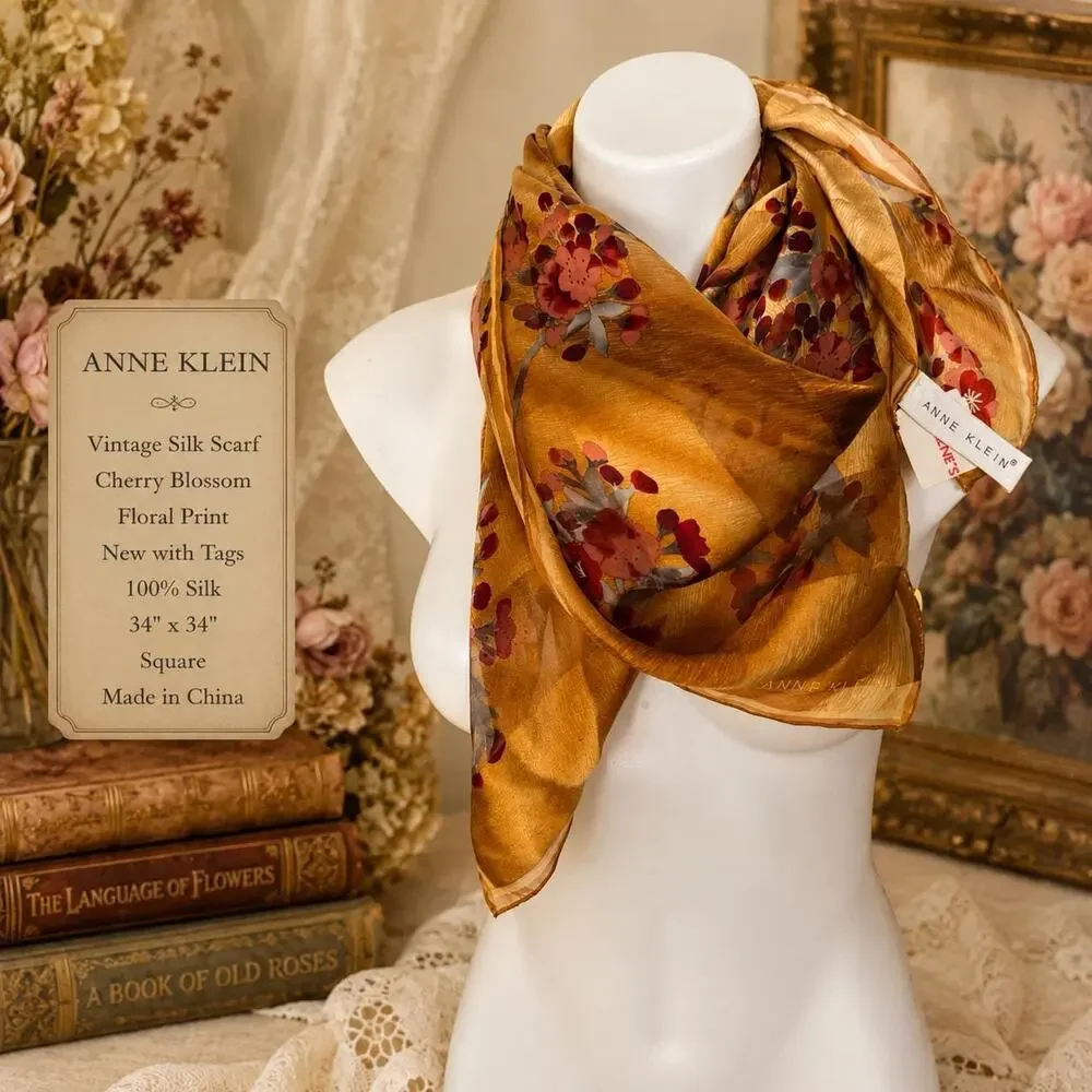 Vintage Anne Klein Silk Floral Scarf NWT Gold Cherry Blossom Square 34x34